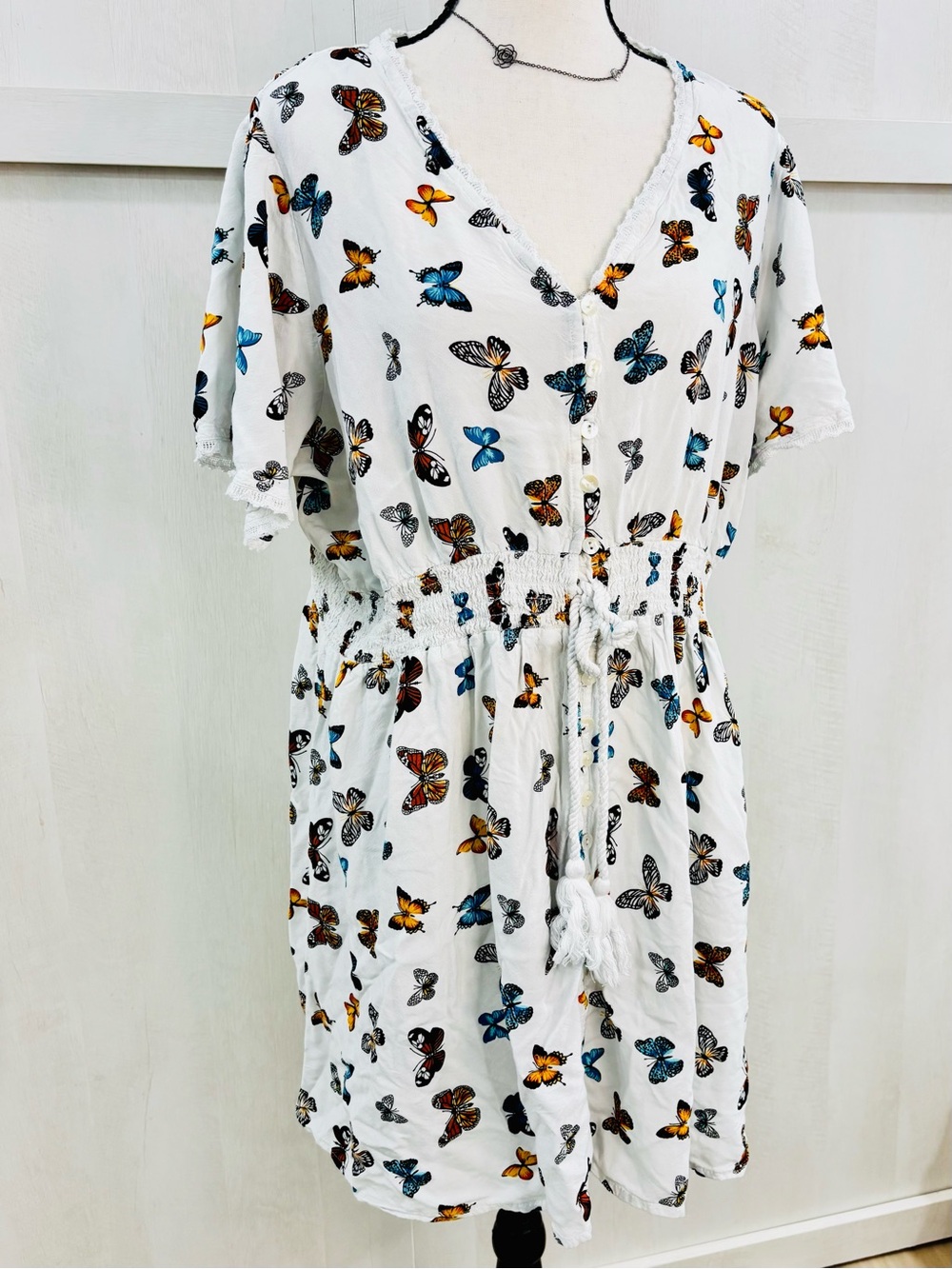 Jolie & Joy Plus Size Butterfly Short Sleeve Drawstring Flowy Summer Dress 3x